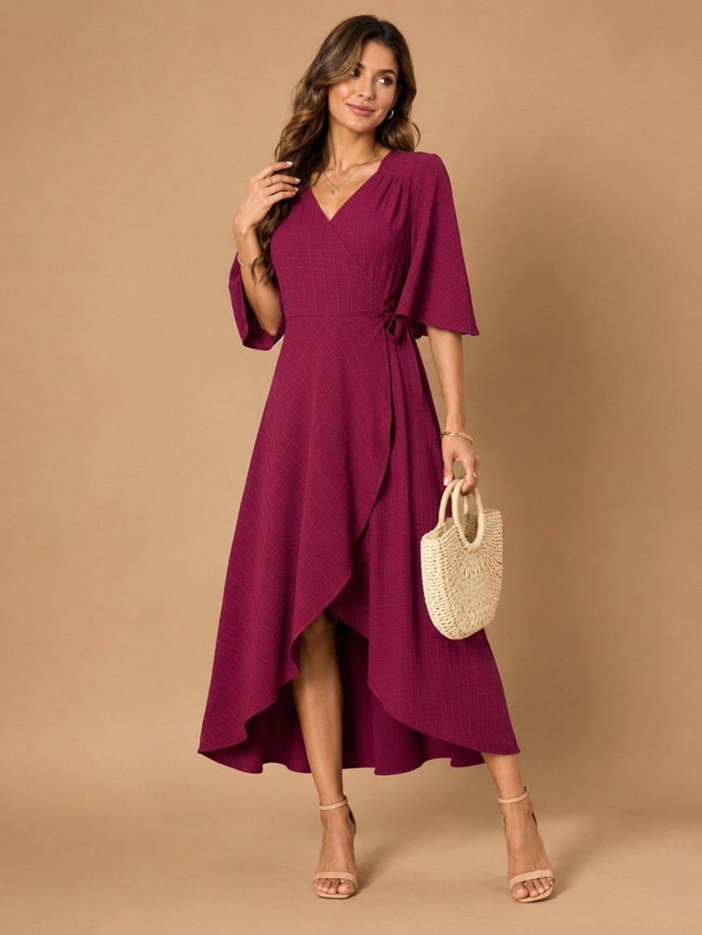 Isaac Mizarahi Burgundy Wrap Midi Dress Flutter Sleeves NWT Size M Boho Western